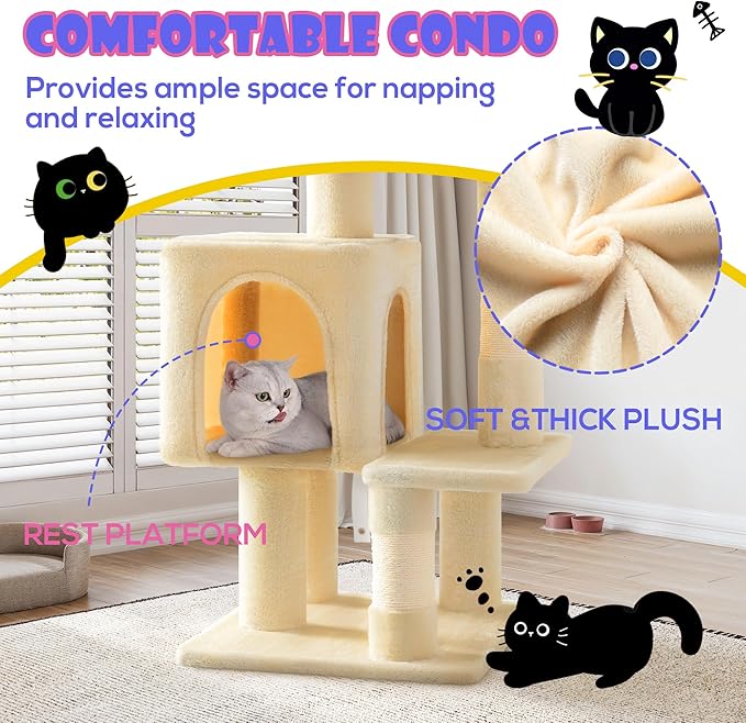 SHA CERLIN 29in Cat Tree for Indoor Cats, Multi-Level Cat Tower with Large Perch, Cozy Condo, Playful Toy Balls, Sisal Scratching Posts, Stable Pet Furniture Activity Center, Space-Saving, Beige