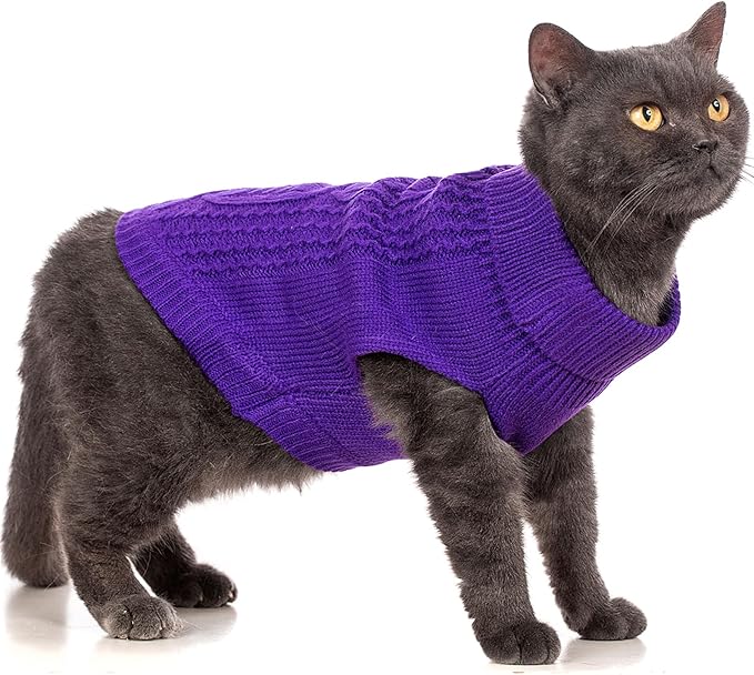 Stretchy Cat Sweater - 17 Colors & 6 Sizes | Snug Winter-Ready Knit for Boy/Girl Cats & Kittens(Deep Purple, Large)