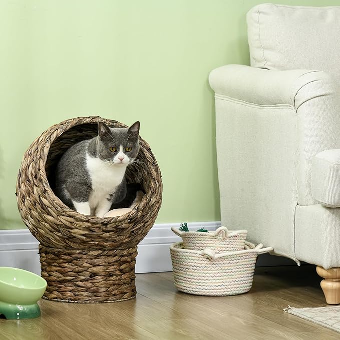 PawHut Handwoven Elevated Cat Bed with Soft Cushion & Egg Chair Shape, Basket Bed Kitty House with Stand, Raised Wicker House for Indoor Cats, 20" H, Gray