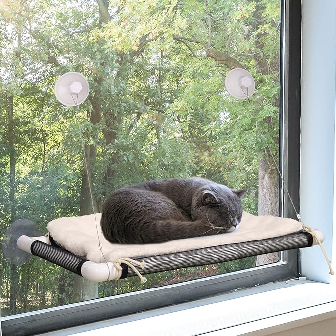 ZALALOVA Cat Perch, Cat Window Seat Large Sturdy Bed Fleece Blanket 2026 Latest Screw Suction Cups Resting with Blanket(Brown)