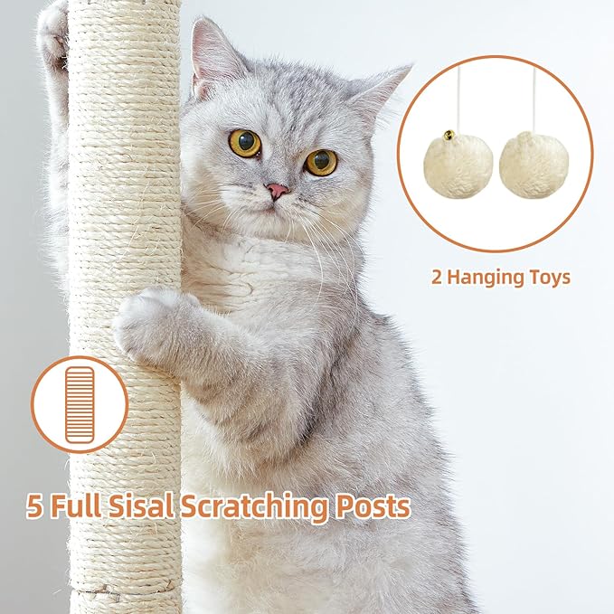 Cat Tree Tower Scratching Post for Indoor Large Cats, Small Cat Tree with Big Perch Bed, 28in Tall Trees House with Condo Cave, Toy Balls, Modern Climbing Furniture Platform for Kitten (Beige)