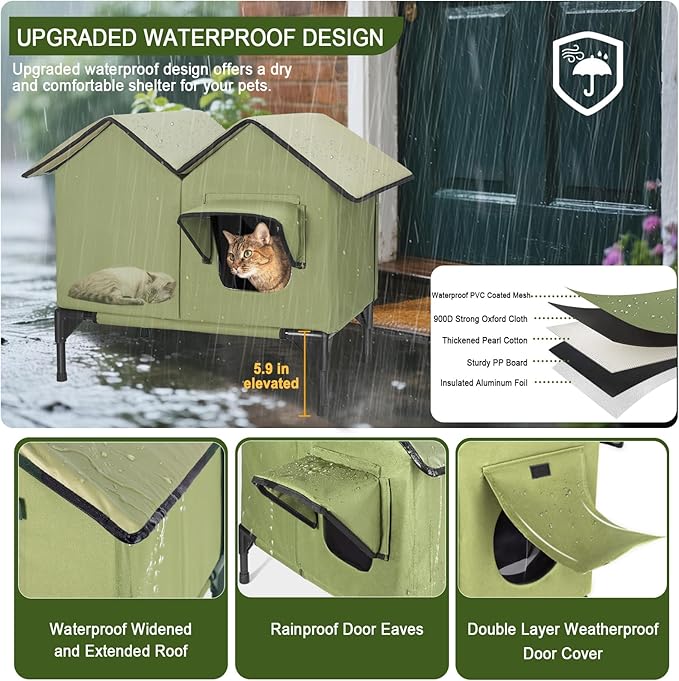 Heated Cat House for Outside Winter, Large Heated Outdoor Cat House Weatherproof, Elevated Bed, Escape Door, Insulated Outdoor Cat Shelter with Heater for Multiple Cats Feral Stray Kitty, Easy Setup