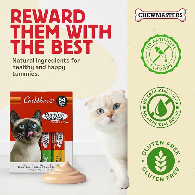 Catworx by Chewmasters Purrfect Squeeze Lickable Soft Cat Treats, 54 Pack - Creamy Purée Squeeze Tubes for Kittens and Adult Cats - Hand Feeding Snack or Food Topper - Training Reward, 0.53 Ounce