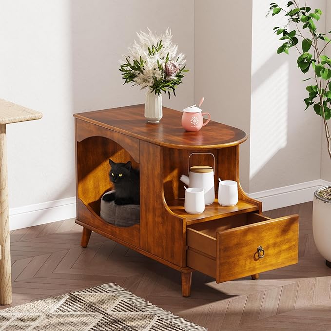 Pet Litter Box Enclosure with Drawer and Storage Shelf, Hidden Litter Box Furniture with Storage Shelf with Cat House Underneath, Indoor Cat House with1 Drawer, Fit Most of Litter Box