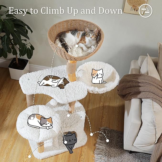 PETEPELA 48.5" Modern Cat Tree for Large Cats, Natural Solid Wood Cat Tower with Big Rattan Basket, Cozy Condo & Flower Cat Tree with Large Hammock for Indoor Cats, Kittens