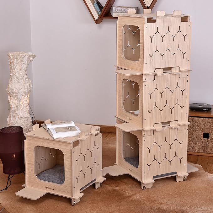 Multi-Functional Wooden Creative Cat Condo, Cat Bed, Natural Wood Cat Tower with Scratching Post, Multi-Level Cat Tree House for Cats，Cat Climbing Ladder,Cat Caves,Cat Box