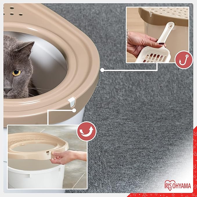 Iris Ohyama, Cat Litter Box, Closed cat Toilet House, Ventilation Opening, Plastic (PP) BPA-Free, Scoop, L52 x W37.5 x H36.5 cm, TECL-20, White/Beige