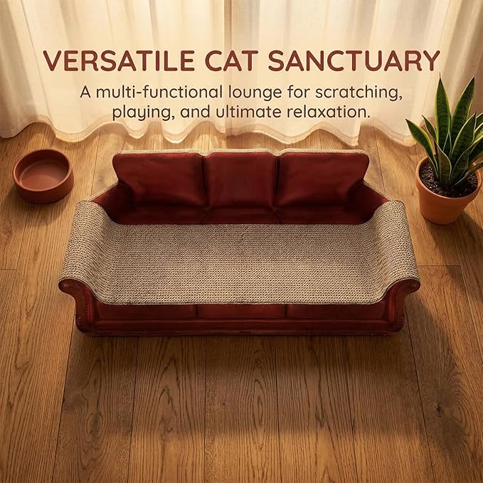 Red Sofa Shape Cat Scratcher, 19.9” Large 2-in-1 Cat Scratcher Lounge Bed, Sturdy Cardboard Scratching Board, Furniture Protector for Indoor Cats