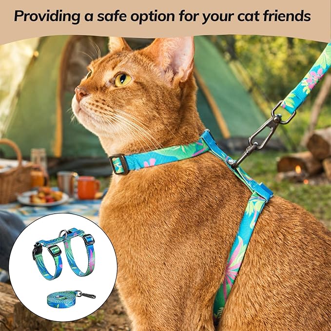 Cat Harness and Leash Set, 3-in-1 Adjustable & Lightweight, Escape Proof Cat Harness, Walking Travel Kitten Harness for Small Medium Large Cats (Hawaii Green)