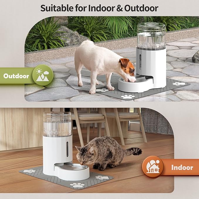 JUNSPOW Cat Water Dispenser with Placemat and Stainless Steel Bowl, Automatic Gravity Water Dispenser for Cats or Small Medium Size Dogs, Large Capacity, Easy to Clean and Safe for Pets (4L White)