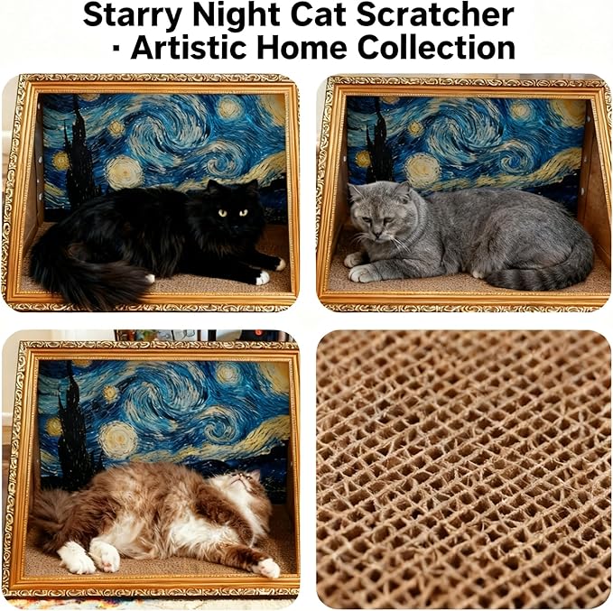 Horizontal Oil Painting Cat Bed & Scratcher - Durable Art Frame with Replaceable Art, Cat House for Indoor Cats Simple-Assembled Bed Couch Cave Condo Home Decoration(Starry Night &Sunflower)