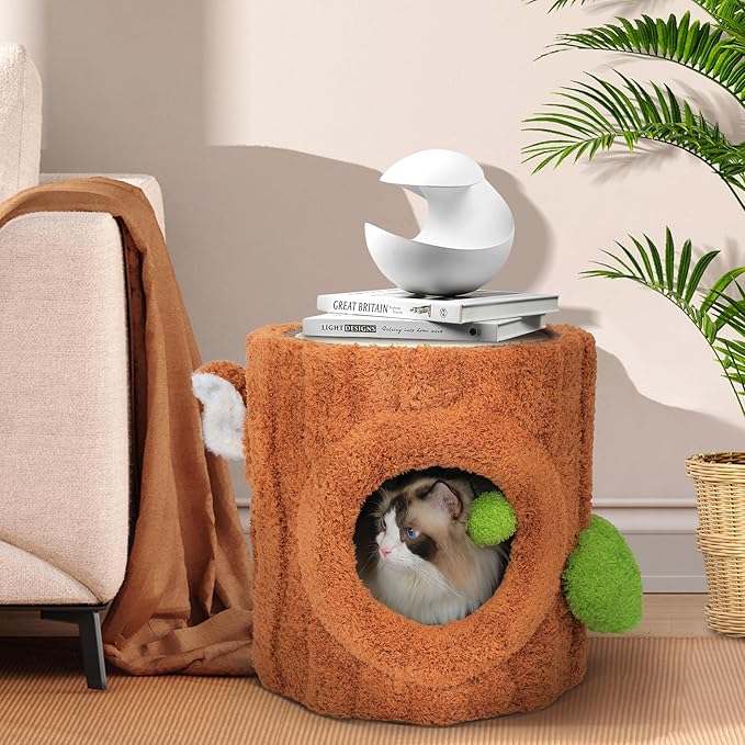 KAMABOKO Cat House for Indoors Cats, Luxury Cat House Bed with Scratch Table ＆ Soft Cushion, Cat Condo with Hanging Ball Toy for Small Medium Pets, Brown
