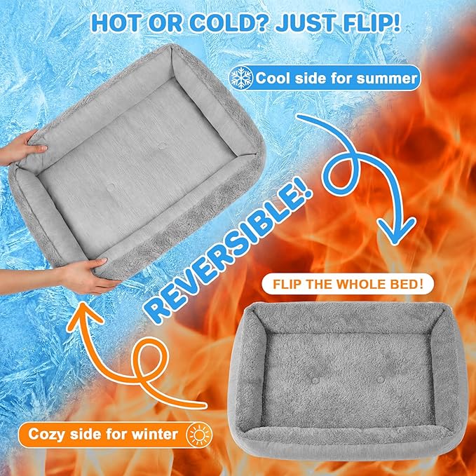 Washable Dog Bed for Medium Small Dogs—Reversible Design (Ice Silk Cooling Layer|Sherpa Fleece Layer),Rectangle Pet Bed for Dogs and Cats, Grey (20" X 14")