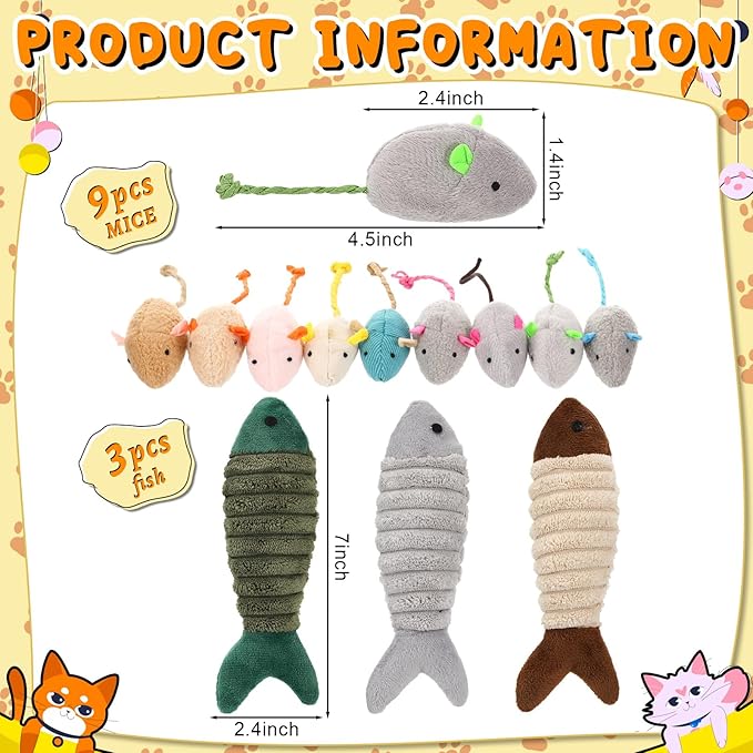 Leitee 12 Pack Cat Toys Bulk Plush Cat Mice Fish Toys Set Mouse Dog Toy for Indoor Kittens Puppies to Eliminate Boredom, Multicolored, Not Filled Catnip(Plush Fish)