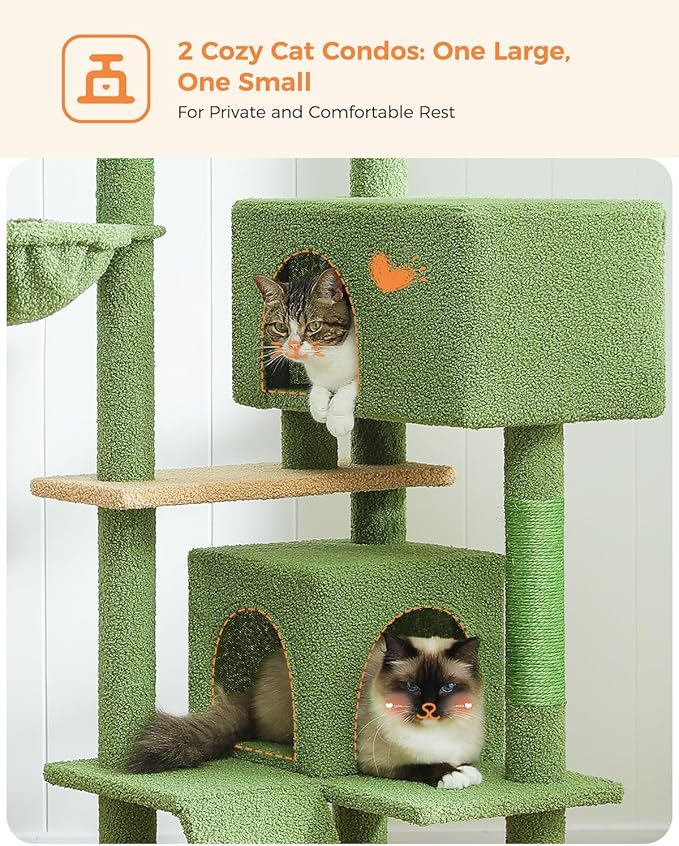 MUTTROS Cactus Cat Tree for Adult Cats with Super Large Top Perch, 56.3" Cat Tower for Cats with Plush Hammock, Dangling Pompom, Cat Scratching Posts and 2 Condos, Green House