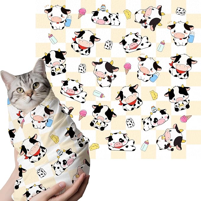 27.6"Cat Grooming Wrap, Self Adhesive Cat Wrap for Cutting Nails, Anti-Escape Calming Cat Swaddle Wrap for Medicine Ear Cleaning, Cow Anti-Scratch Cats Burrito Restraint Blanket, Pet Tool (6-10 lbs)