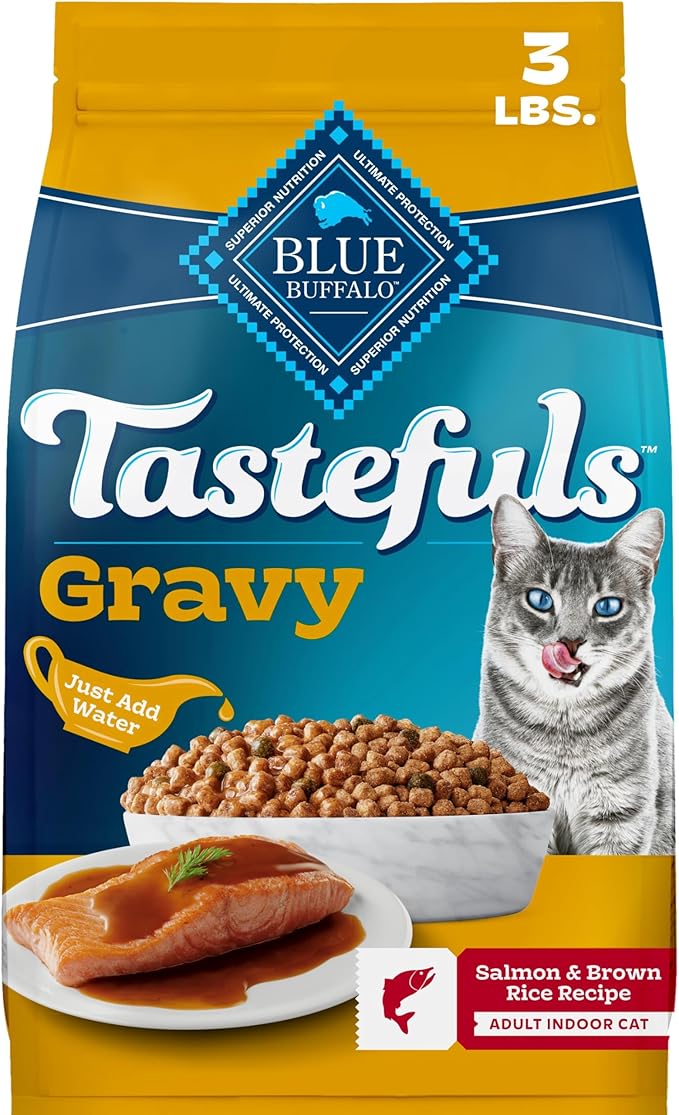 Blue Buffalo Tastefuls Irresistible Gravy Experience Salmon & Brown Rice Recipe Dry Indoor Cat Food for Adult Cats, Deliciously Healthy Natural Cat Food, Supports Digestion & Coat Health, 3 lbs.