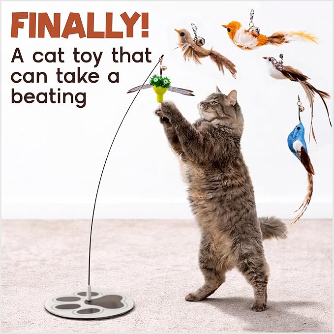 Interactive Cat Toys for Bored Indoor Adult Felines - Any Surface Base Teaser Wand - Feather Stimulation Activity - Bird Simulation Self Play Kitten Enrichment Solo Exercise - Juguetes para Gatos