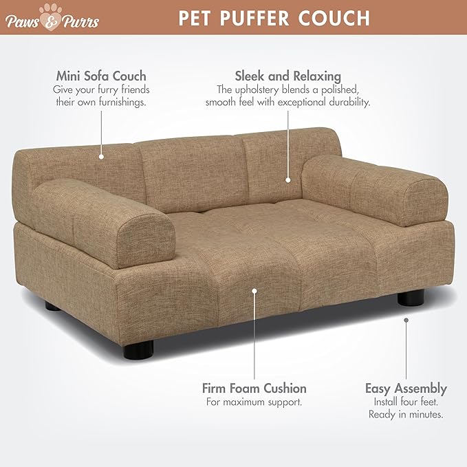 Paws & Purrs Puffer Pet Sofa Bed, Dog or Cat Couch with Tufted Cushion and Armrest, Stylish Indoor Pet Furniture, Sand