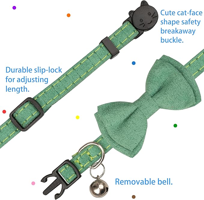Cat Collar with Bow Tie Bell Breakaway Kitten Small Pet Safety Solid Wedding Basic Pure Color Suede Soft Adjustable [1pc] Green