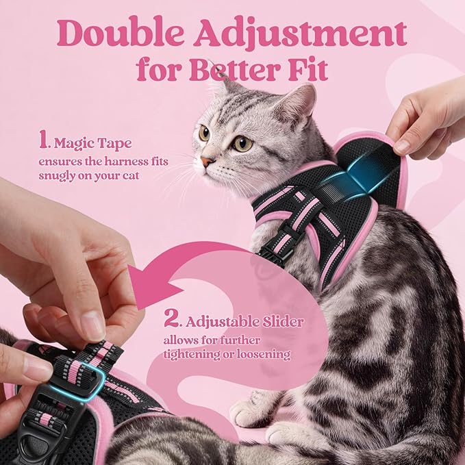 rabbitgoo Cat Harness and Leash Set for Walking Escape Proof, Adjustable Soft Kittens Vest with Reflective Strip for Cats, Comfortable Outdoor Vest, Black & Pink, L