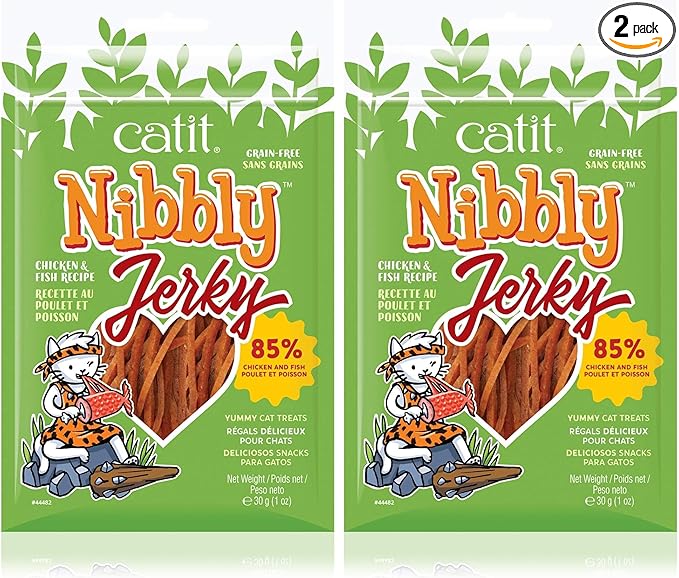 Catit Nibbly Jerky Cat Treats, Chicken & Fish Recipe - Grain-Free Cat Treat White, 1 Ounce (Pack of 2)