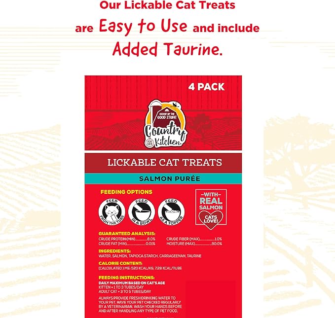 Country Kitchen Salmon Puree Lickable Cat Treats, Made with Real Salmon, 2 Oz, 4 Count