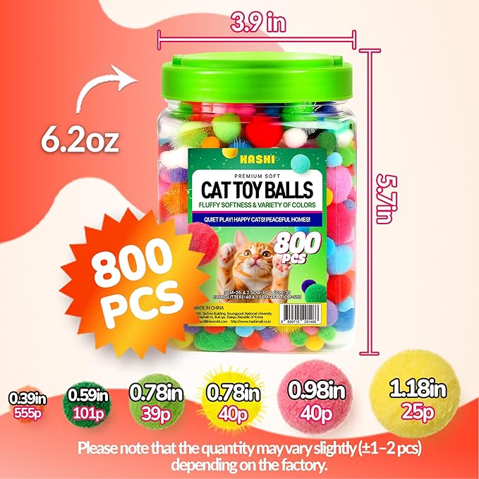 HA SHI [800pcs in Sturdy Jar] Interactive Cat Toy Pom Poms - Small Soft Plush Balls (0.39in-1.2in) for Indoor Kittens, Quiet Night Play, Snuffle & Fetch Toys