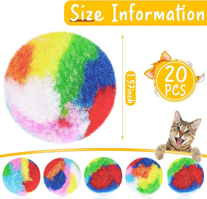 Deekin 20 Pcs Cat Pom Pom Balls Toy 1.6 Inch Kitty Yarn Puffs Assorted Color Plush Soft Balls Fuzzy Kitty Quiet Toy for Pet Cat