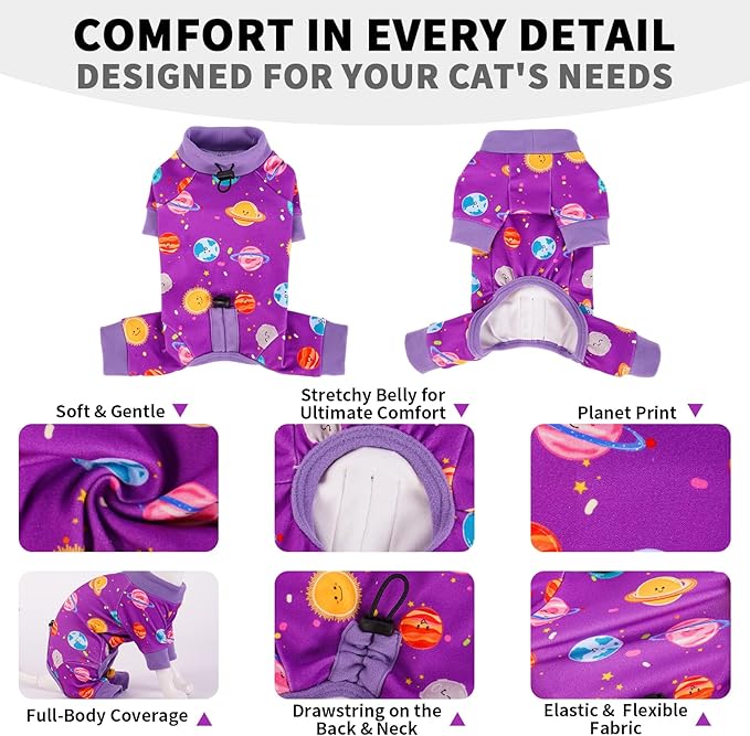Sticky Hair Cat Clothes, Anti-Shedding Cat Pajamas, Post-Surgery Recovery Onesie, Soft Breathable, Prevents Licking & Scratching Wounds, Warm Cats Sweater, Sphynx Cats Clothing- Purple XL