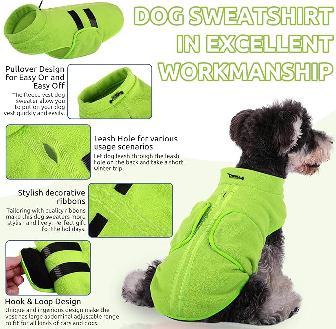 Queenmore XL Dog Sweaters, Soft Fleece Vest Pullover Dog Jacket with Leash Hole, Warm Winter Dog Clothes Cold Weather Doggy Dachshund Sweater for Large Dogs Cats Boy or Girl (Green, XL)