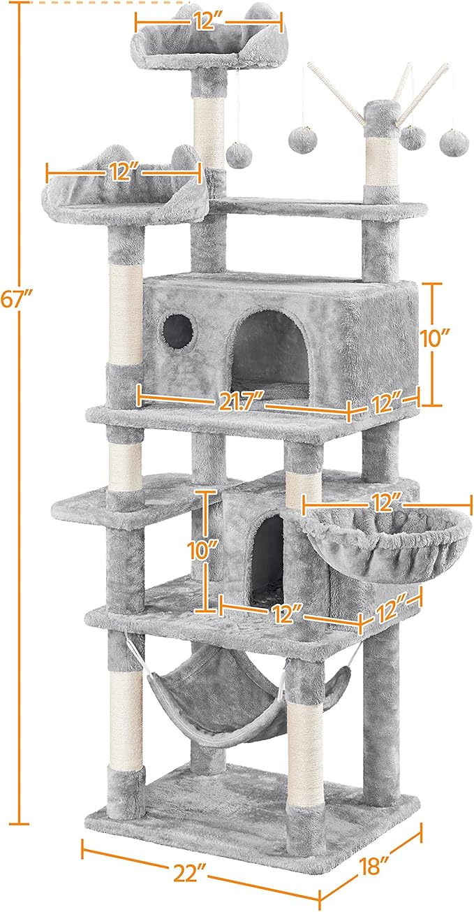 Topeakmart Cat Tree, 67in H Cat Tower for Indoor Cats, Multi-Level Cat Condo with Sscratching Posts & Soft Hammock & Large Basket & Fur Ball Sticks, Light Gray