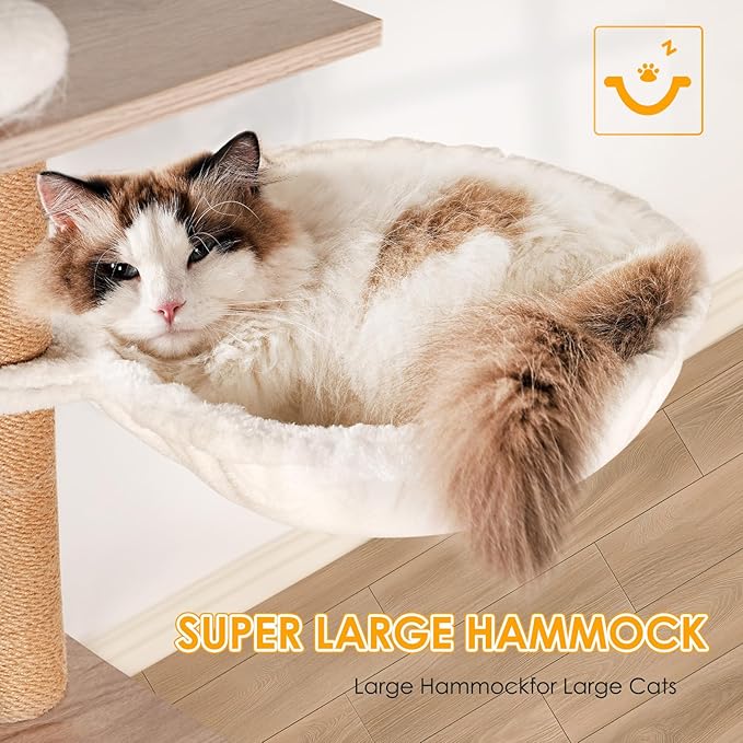 Modern Cat Tree Condo Tower Cat House Washroom Furniture Litter Box Enclosure with Scratching Posts, Hammock, Feeding Bowl & Removable Pompom Sticks, White+Gray (23.60" Lx17.70 Wx63.00 H)