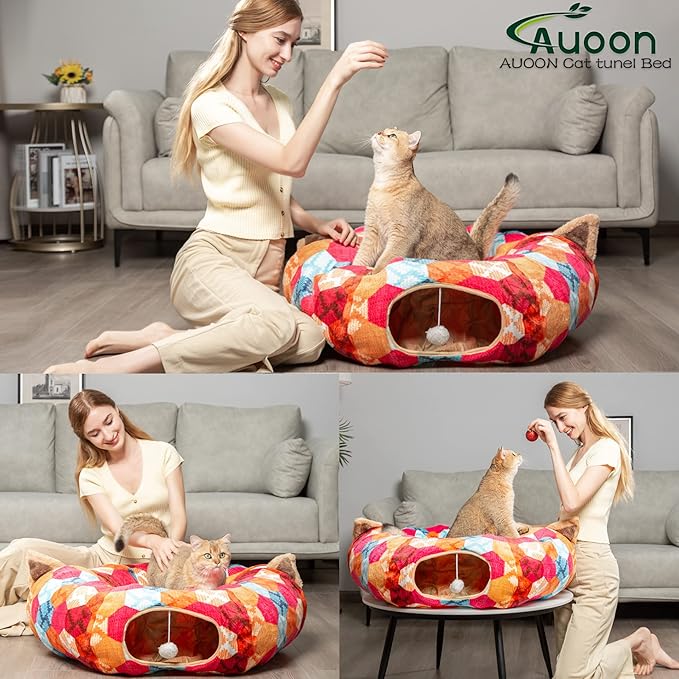 AUOON Cat Tunnel Bed for Indoor Cats - Large Cat Donut Tunnel with Hanging Ball Toy, Collapsible 2-in-1 Multifunctional Interactive Cat Toy for Kitten, Puppy, Rabbit, Ferret (Orange)