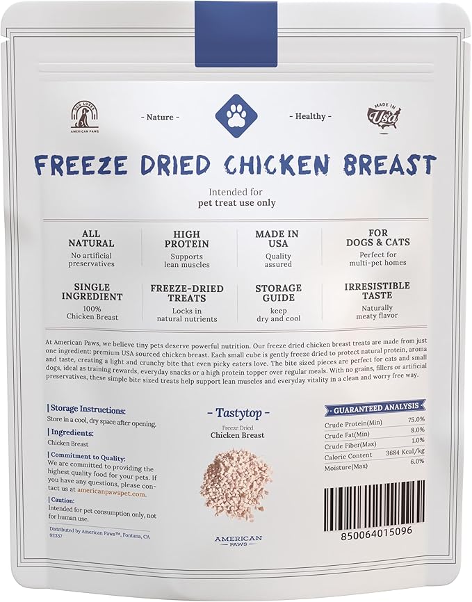 American Paws Freeze Dried Chicken Dog Treats & Cat Treats - 100% Chicken Breast - High Protein, Low Fat - Perfect for Small Dogs & Cats - Made in USA - Grain-Free & No Additives 4oz