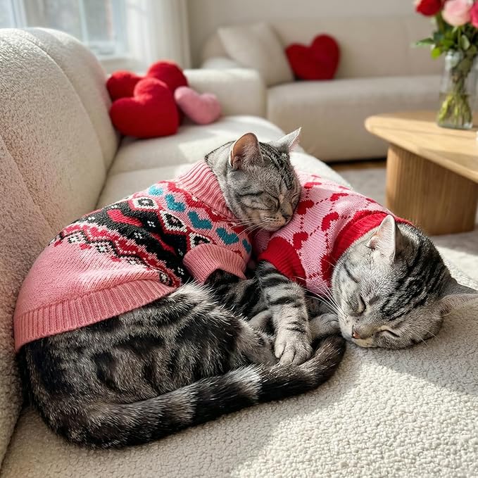2PCS Valentine’s Day Cat Sweaters Heart-to-Heart Pattern Knitted Clothes Love-Themed Pink Geometric Stripe Dog Knitwear Festival Puppy Outfits for Puppies Kittens M