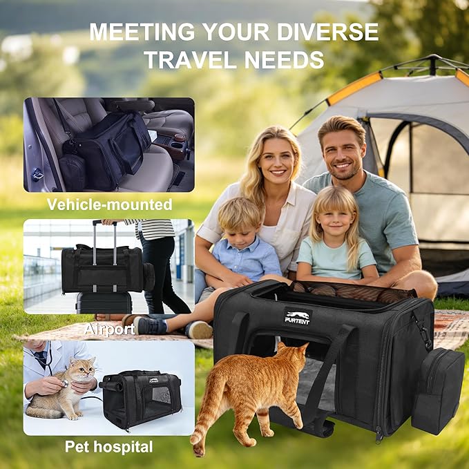 Soft Sided Cat Carrier Airline Approved up to 15lbs, 17x11x9.5 Inch Ventilated Pet Travel Bag with Foldable Litter Box & Storage, Portable Cat Transport Carrier for Flights Car Vet Black