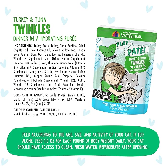Weruva B.F.F. Play - Best Feline Friend Paté Lovers, Aw Yeah!, Turkey & Tuna Twinkles with Turkey & Tuna, 3oz Pouch (Pack of 12)