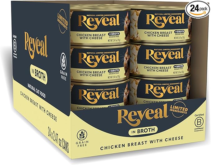 Reveal Natural Wet Canned Cat Food, Limited and Natural Ingredients, Grain Free, High Protein with No Artificial Additives, Chicken Breast with Cheese in Broth (24 x 2.47 oz Cans)