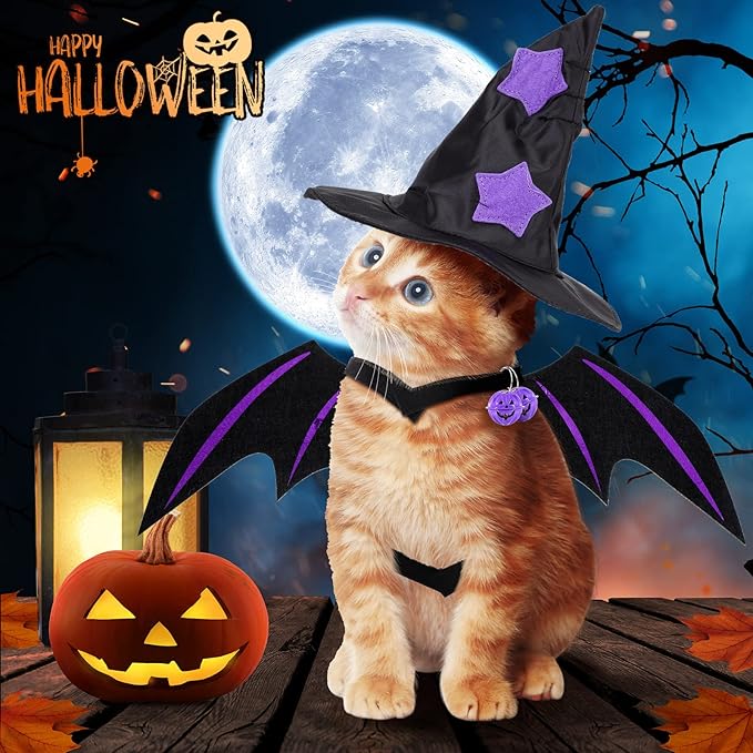 6 Pcs Cat Halloween Costume Set - Wizard Clothes, Cloak, Wings, Adjustable Hats, Bow Ties, Neckties, and Ornament Bells