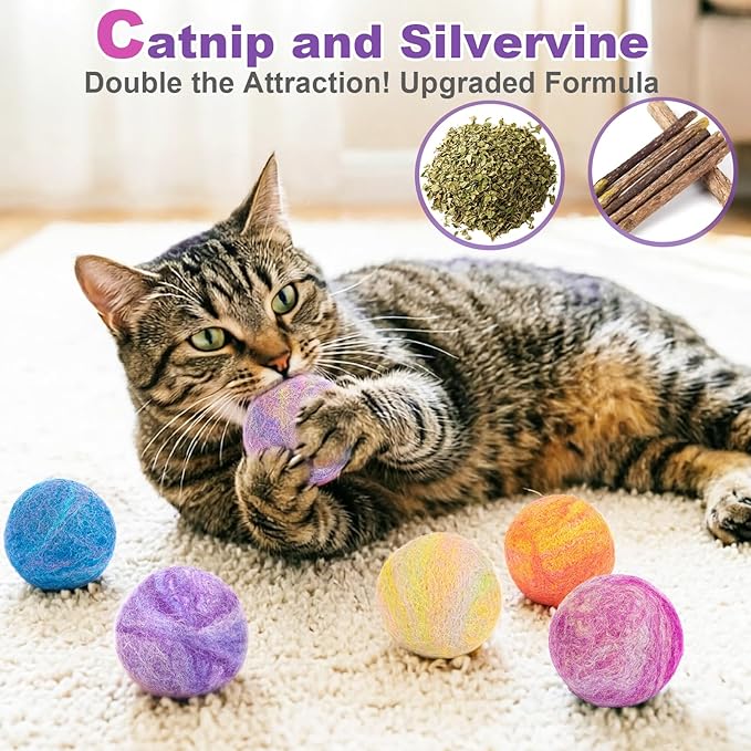Retro Shaw Catnip Balls with Bell Inside - 6 Pcs Interactive Catnip & Silvervine Cat Toys, Durable Wool Balls for Indoor Cats, Kitten Teething Toys, Natural Catnip Toys for Bored Cats