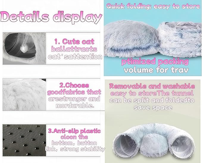 Cat Bed, cat Tunnel, Foldable Machine Washable Plush cat Bed, Grey (33.46 inches), with Hanging Toys, Suitable for Multiple