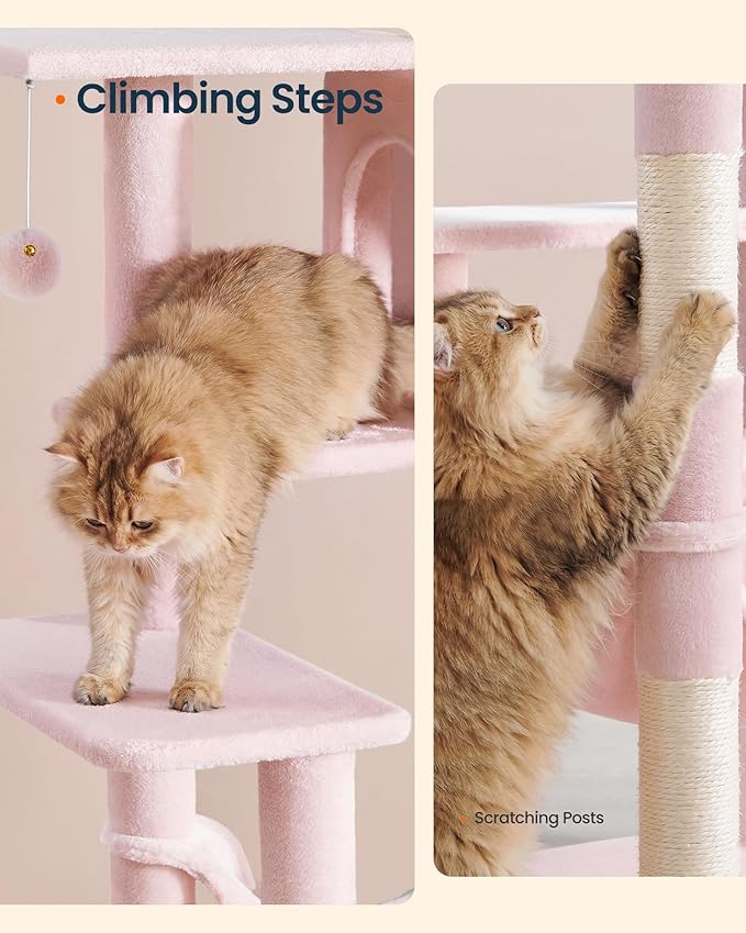 SONGMICS HOME Cat Tree for Indoor Cats, Multi-Level Cat Tower with Sisal Scratching Posts, Hammock and Condo, Pink
