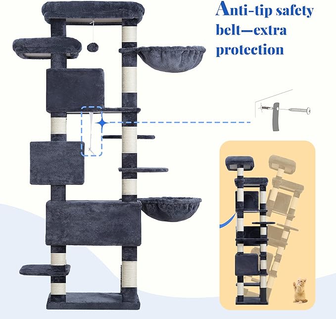 Hey-brother Cat Tree, 74 inches Multi-Level XL Large Cat Tower for Indoor Cats with Three Cat Condos, Two Large Top Decks and Cat Hairbrushfor Kittens, Cats and Pets, Smoky Gray MPJ035-MG