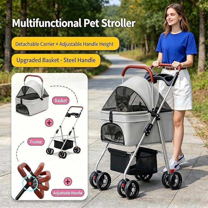 YYW Pet Stroller for Small Dogs & Cats, 3 in 1 Foldable Kittens Puppies Travel Strolling Cart with Removable Carrier, Cup Holder, Storage Basket & Lockable Wheels(Gray)