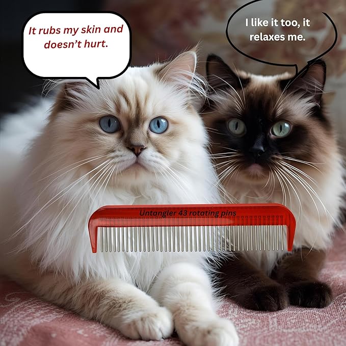Cat Comb - Ferrari Red, 5" - Silky Smooth Rotating Teeth for Gently Detangling Matted Cat Hair, Stimulates Natural Oil Production, Stainless Steel, Made in USA, Vet Recommended