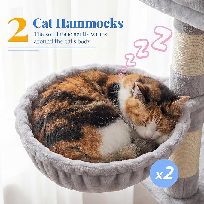 Hey-brother Cat Tree, 74 inches Multi-Level XL Large Cat Tower for Indoor Cats with Three Cat Condos, Two Large Top Decks and Cat Hairbrushfor Kittens, Cats and Pets, Light Gray MPJ035-MW