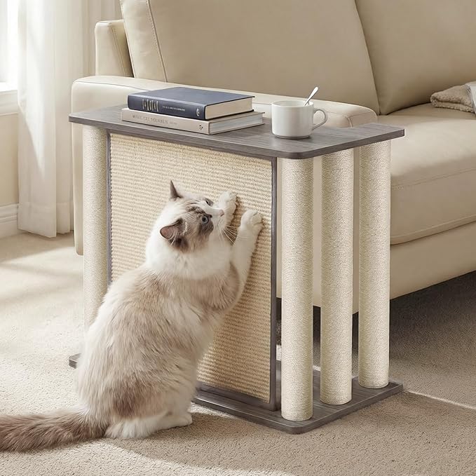 Veehoo Couch Protector from Cat Claws, Couch End Table with Cat Scratch Panel and Scratching Posts, Pet Corner Sofa Side Table Scratcher, Gray, Right