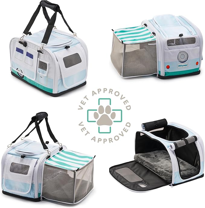 Kittyrama Soft-Sided Airline Approved Cat Carrier with Expandable Hideaway | Escape-Proof SBS Self-Locking Zippers | 22 lb Capacity | Vet Approved | Top & Side Entry | 17×11×11 in