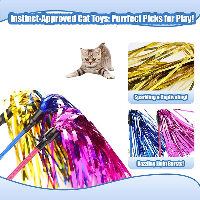 ADUCK 3 Pack Cat Wand Toy for Indoor Cats, 22-Inch Interactive Tassel Teaser Kitten Toy for Exercise and Play, Durable PE Wand Chaser Without Loose Parts (Gold, Blue, Pink)